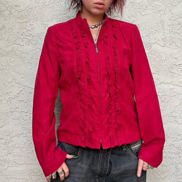 Y2k Red Velvet Zip Up Ruffle Long Sleeve Top or Jacket - Picture 4 of 10